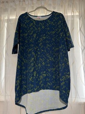 LuLaRoe Navy Tunic with Bright Lime Scribble Print